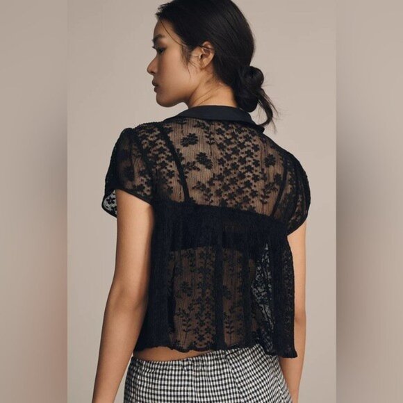 NWT Size L - Maeve Short Sleeve Sheer Lace Babydoll Blouse IVORY (NWT US$ 88) - Picture 7 of 16